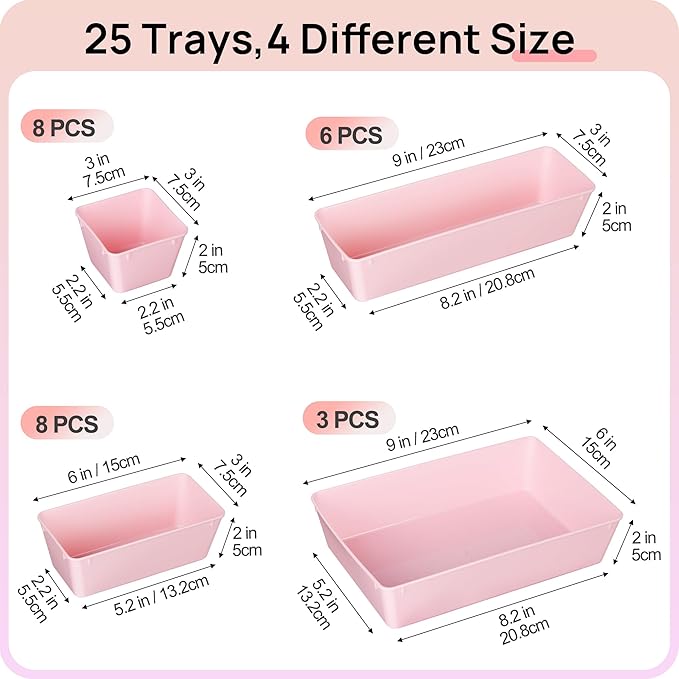 Vtopmart 25 PCS Plastic Drawer Organizers Set, 4-Size Versatile Bathroom and Vanity Drawer Organizer Trays, Storage Bins for Makeup, Bedroom, Kitchen Gadgets Utensils and Office