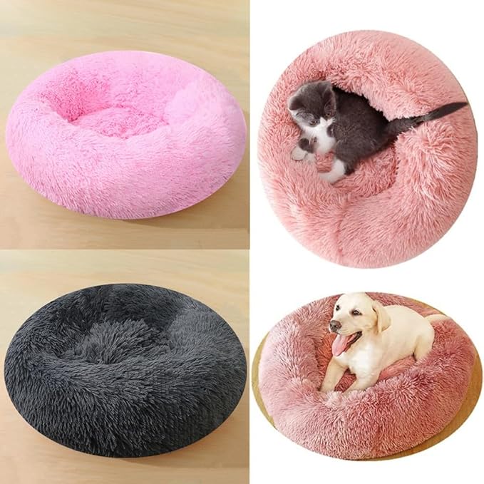 Calming Large Dog Bed & Cat Bed, 43 Inch Anti-Anxiety Donut Dog Cuddler Cat Bed, Warming Cozy Soft Dog Round Bed, Fluffy Faux Fur Machine Washable Pet Cushion for Medium Dogs & Cats (Red)