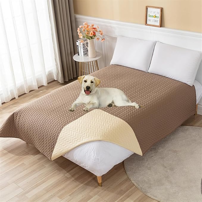 GIBZ Waterproof Dog Bed Cover Anti Slip Pet Furniture Protector Washable Blanket Large Soft Quilted Mat, Brown, 130x210cm