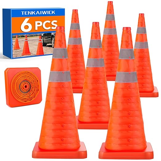 [6 Pack]28 Inch Collapsible Traffic Safety Cones - Parking Cones with Reflective Collars, Orange Safety Cones for Parking lot, Driveway, Driving Training etc.