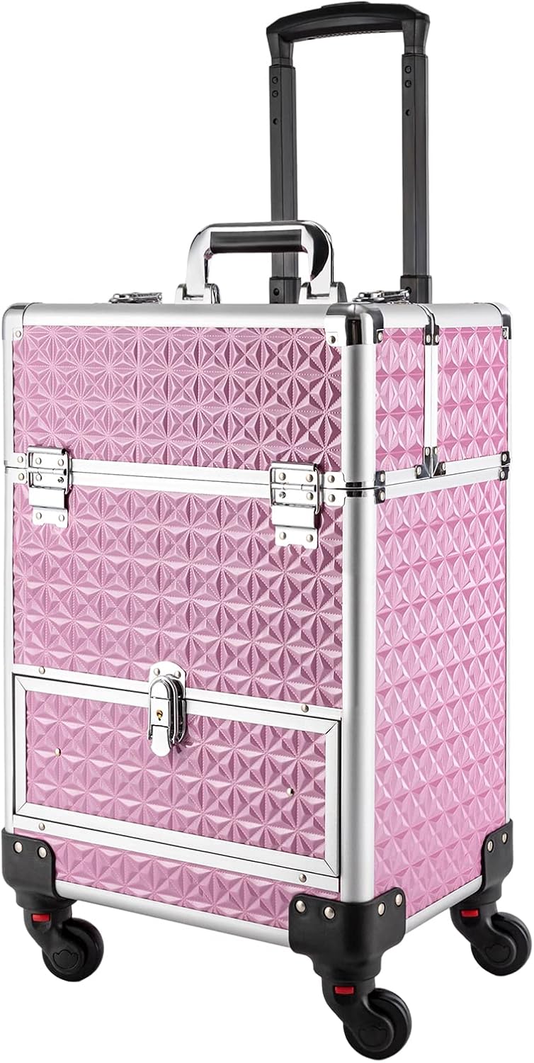 Rolling Makeup Train Case,Professional Aluminum Trolley Case with 4 Detachable Wheels,Nail Polish Organizer with 7 Compartments and a Drawer,for Storing Scissors Makeup Jewelry (Pink Style A)