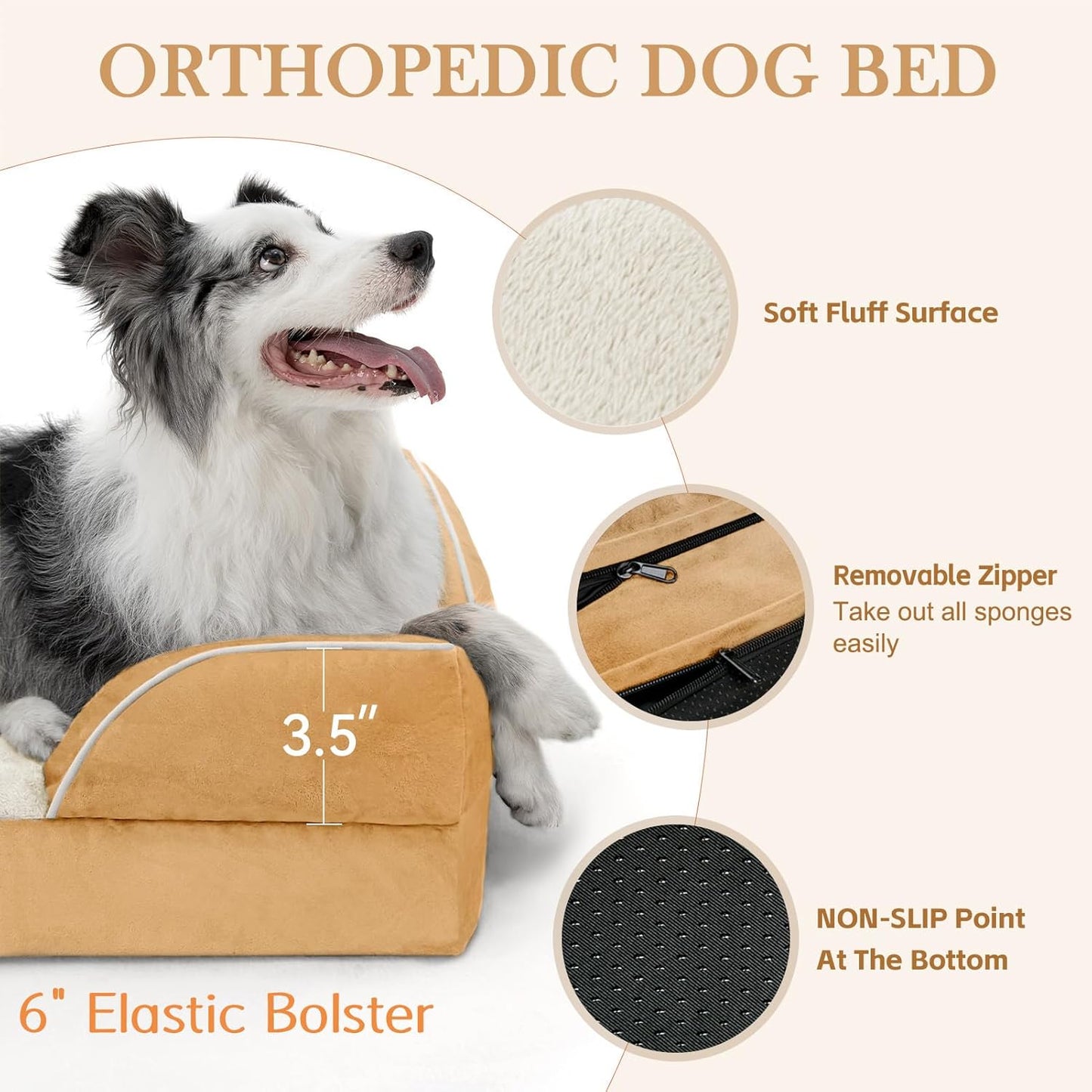 Comfort Expression Small Dog Beds Waterproof Orthopedic Foam Dog Sofa Beds for Small Dogs Comfy Pet Bed with Washable Removable Cover & Non-Slip Bottom(X-Small,Khaki)