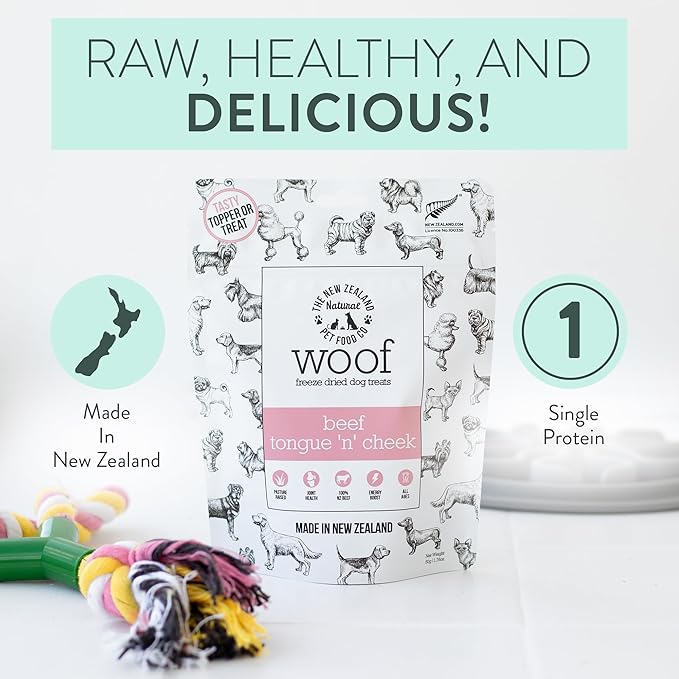 The New Zealand Natural Pet Food Co. WOOF Freeze Dried Dog Treats – Beef Tongue ’n’ Cheek, High Protein, Collagen Rich, Topper or Treat – 1.76 oz