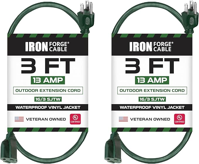 Iron Forge Cable 2 Pack Weatherproof 3 Ft Outdoor Extension Cord - 16/3 SJTW Heavy Duty Green Extension Cord 3 Prong - 13 Amp Exterior Power Cable