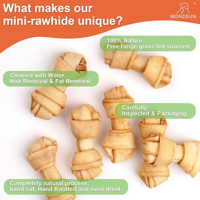 MON2SUN Dog Rawhide Knot Bones Small Rawhide Bones Mini Chews Chicken Flavour 2.5 Inch 100 Count for Puppy and Small Dogs