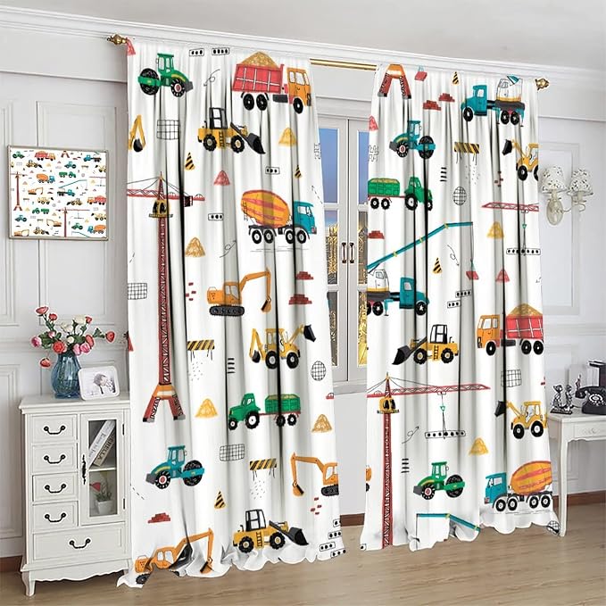 Construction Window Curtains, Kids Cartoon Construction Machines Building Hand