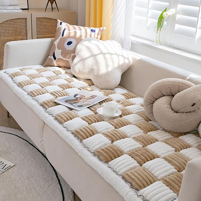 FunnyFuzzy Cream-Coloured Plaid Square Pet Mat Bed Couch Cover, Winter Thickened Dog Bed Cover Pet Blanket Sofa Couch Furniture Protector for Kids Dog Cat(Size:27.6 * 70.9 in,Color:Brown)