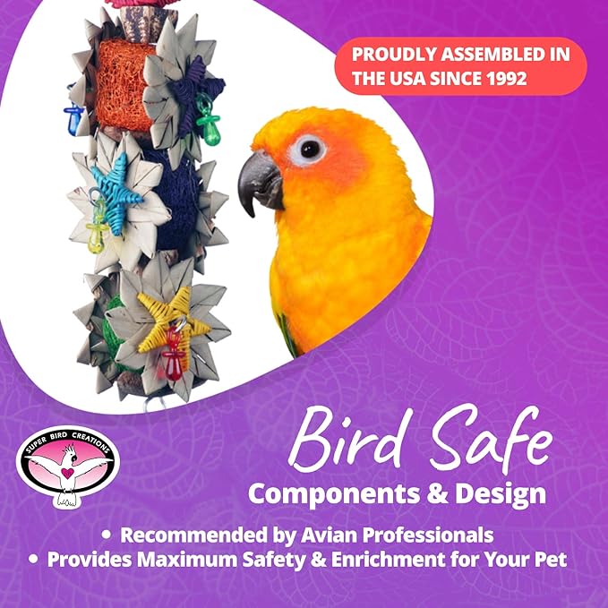 Super Bird Creations SB1098 Palm Star Bird Toy for Parrots, Ringnecks, Medium Conures, Quakers, Pionus, Senegal - Leaves, Colorful loofa, Mahogany Pods Vine Stars - Medium Bird Size, 13" x 3.5" x 3.5"