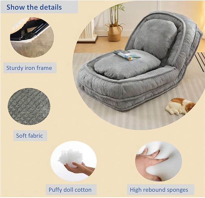 Human Dog Bed for Adult and Kids, Comfy Foldable Lazy Floor Sofa Bed with 5 Adjustable Position, Grey Upholstered Floor Bean Bag Lounger Chair for Bedroom, Living Room,Office (Gray.)