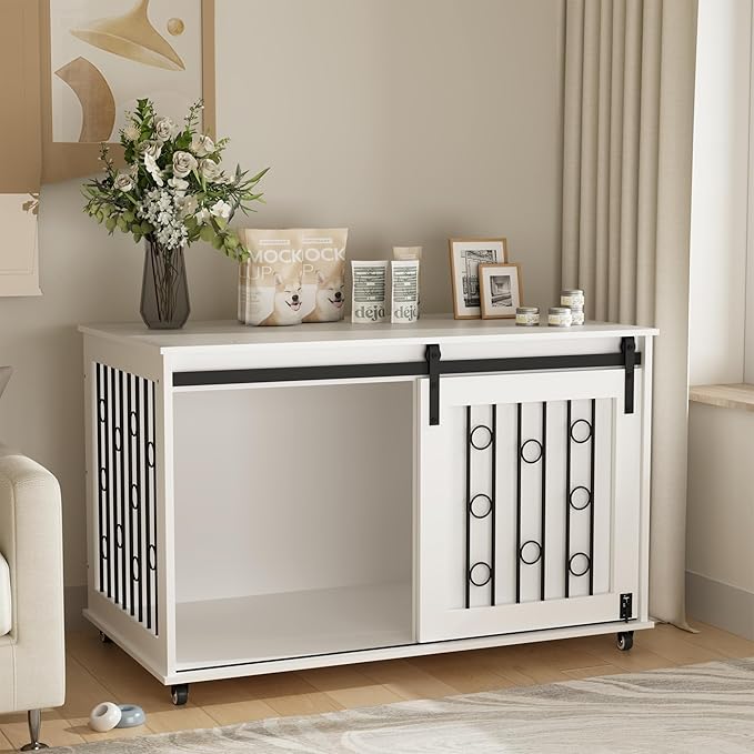 39.37'' Modern Wooden Dog Crate Furniture with Sliding Barn Door and Side Door, Indoor Dog Kennel End Table for Small to Medium Dogs, Decorative Pet Crate with Metal Bars and Lockable Wheels