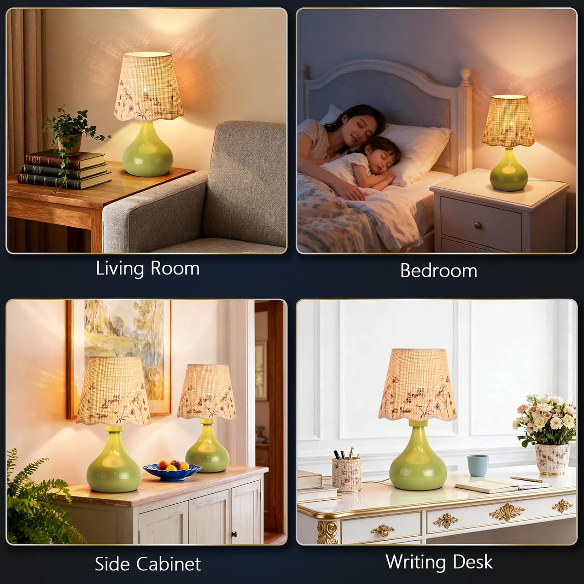 Ziqqeelam Green mall Bedside Cute Table Lamp for Bedroom, Table Lamps for Nightstand, Scalloped Rattan Shade Table Lamps for Small Spaces for Bedroom, Home Office, Living Room