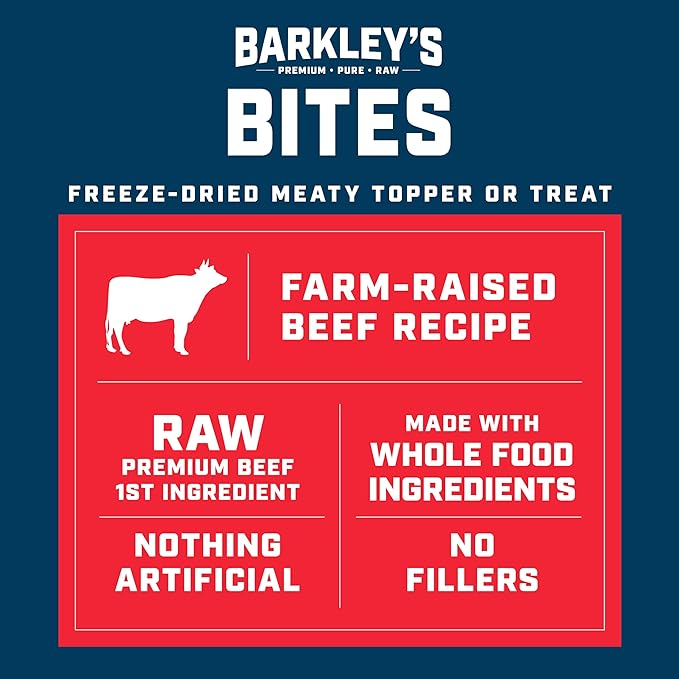 Barkley’s Bag Beef Bites, Freeze Dried Dog Treats & Food Topper, Made w/Beef, Barley, and Quinoa, Small Bite-Sized Pieces for Training Rewards, for All Dog Breeds, Ages & Sizes, 4 Oz Bag (3 Pack)