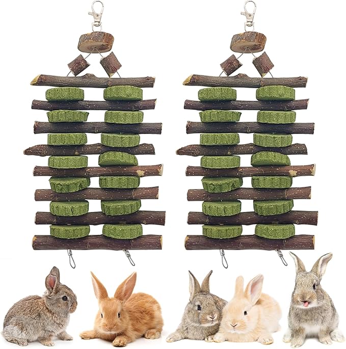 Hamiledyi 2 PCS Rabbit Chew Toys Hanging Bunny Toys for Teeth Grinding Natural Apple Wood Sticks and Timothy Grass Cake Improve Small Animals Dental Health Treats for Guinea Pig Hamster Chinchilla