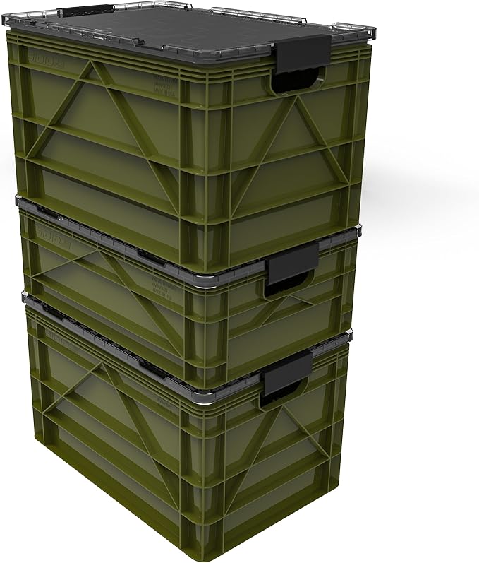 SIDIO CRATE Starter Pack - Two Full Size and One Half Size SidioCrate, Stackable Outdoor Organizer Storage Bins with Clear Lid and Dividers - Green