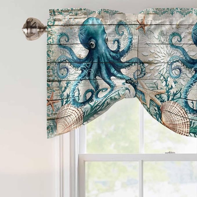 Sea Octopus Ocean Starfish Tie Up Valance Curtains, Nautical Anchor Vintage