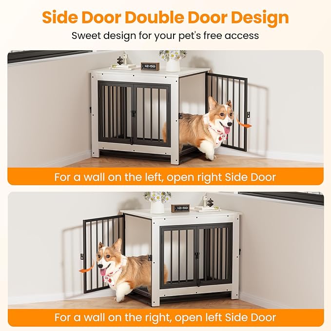 Dog Crate Furniture, 29 Inch Indoor Dog Kennel for Small Dogs Up to 30 LBS, Heavy Duty Wooden Pet Cage End Table with 3 Doors, Alloy Steel Frame & Removable Tray