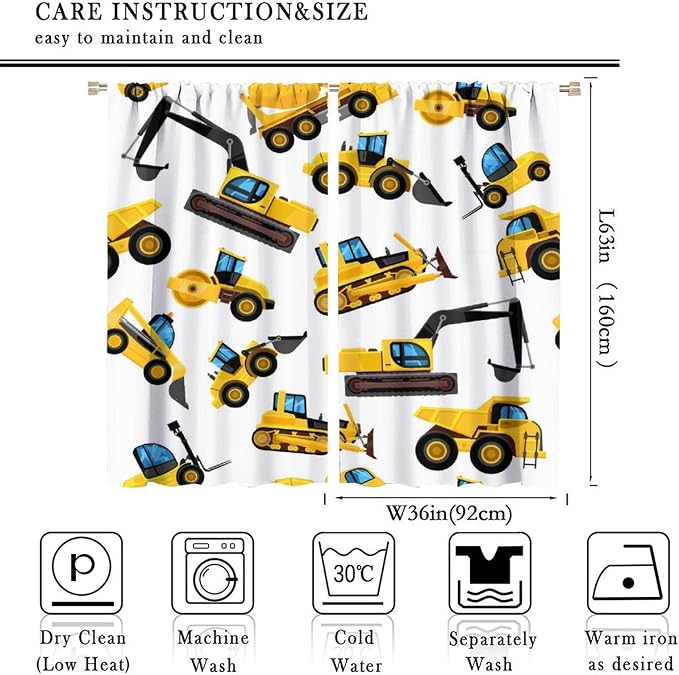 Kids Construction Equipment Window Curtains, Excavator Tractor Tow Truck Rod