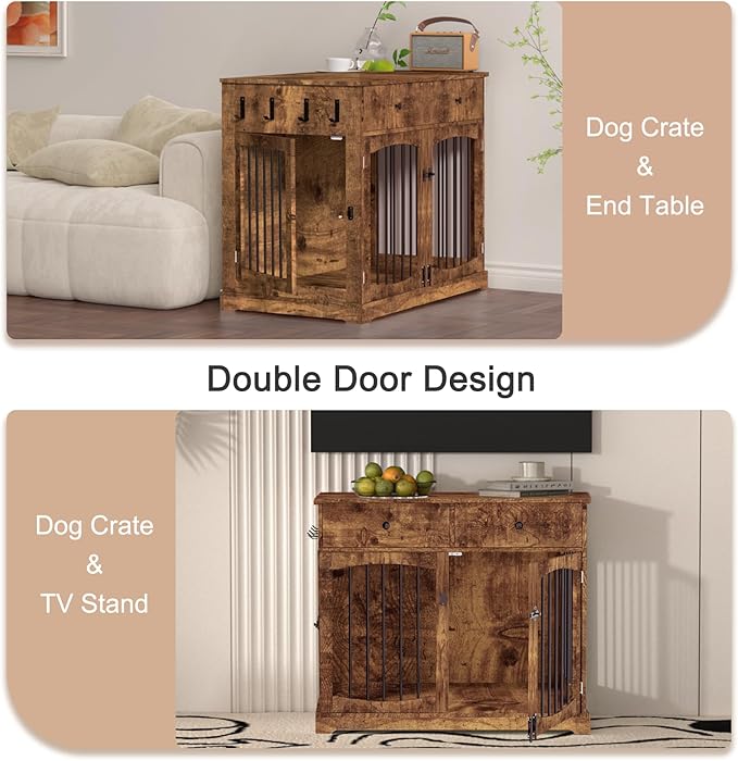 BREEZEHEAT 40 inch Dog Crate Furniture-Farmhouse Dog Kennel with Drawers-End Table Wooden Pet Crate, Double Door Design, Decorative Dog House Indoor for Small Medium Large Dog,Rustic Brwon