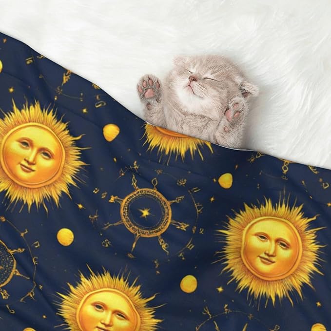 Dog and Cat Blanket in One, Meet 998 Boho Chic Art Golden Sun Moon And Stars Over Blue Black Sky, Double Sided Plush Throw with Raised Dot Pattern on One Side and Flat Velvet on Other for Variety