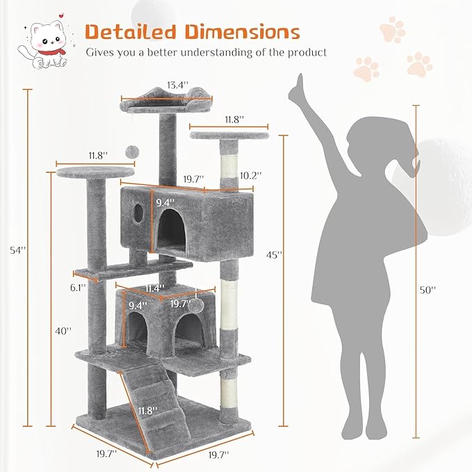 54 Inches Cat Tree Tower Condo Furniture, Cat Tower for Indoor Cats, Cozy Hammock and Sisal Scratching Posts, Multi-Level Durable Cat Scratch Post for Kittens Pet House Play, Detachable Toy, Beige
