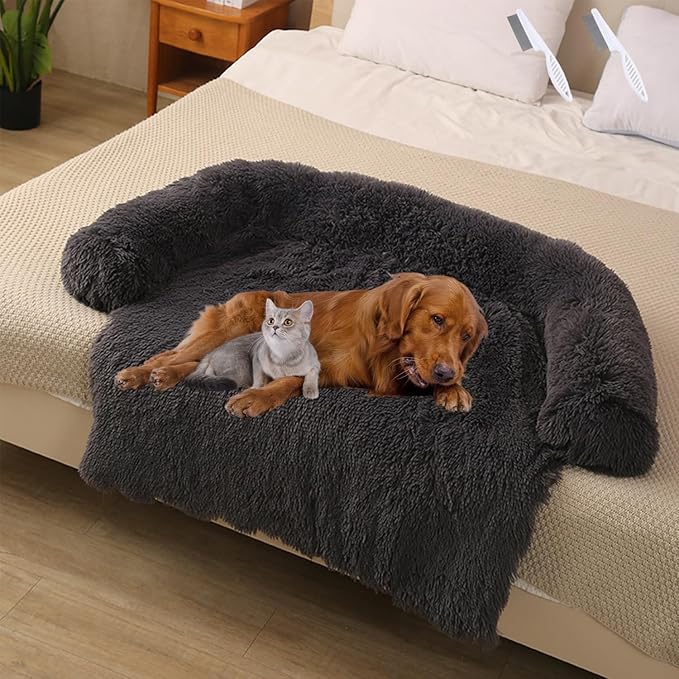 Dream Cloud Pet Sofa Bed for Dogs Cats, 2026 Washable Removable Calming Fluffy Plush Mat for Furniture Protector, Long Fur Non-Slip, for Small/Medium/Large Home Pets (Black, XL: 47.2 * 37.4IN)