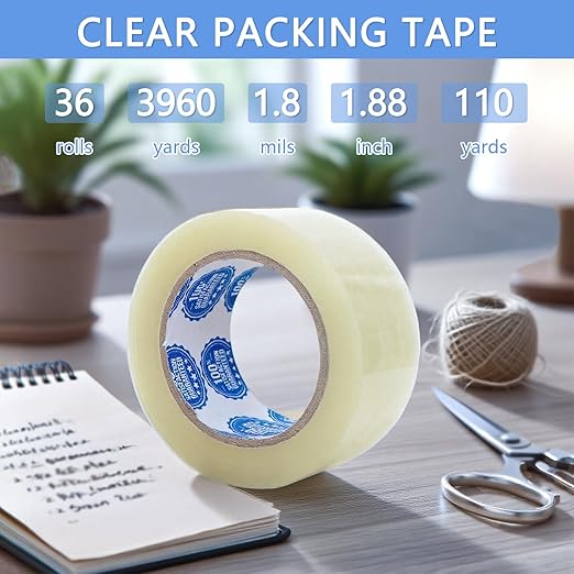 110 Yards Extra Long Packing Tape - 36 Rolls Clear 2 Inch x 1.8 Mil Heavy Duty Shipping & Moving Tape, Strong Adhesive for Storage Boxes