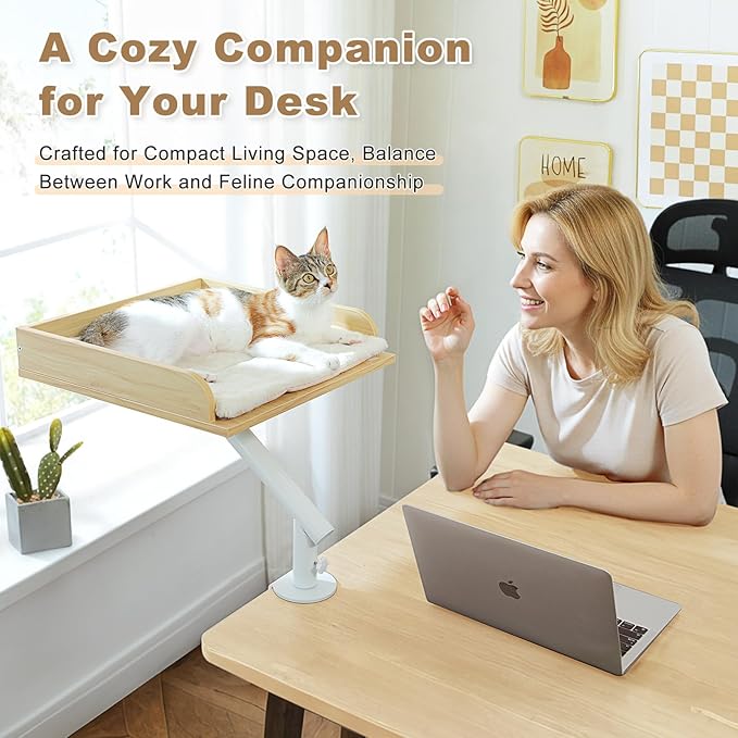 PAWZ Road Cat Desk Bed, Wooden Cat Bed for Desk Supports Up to 50 lbs, 360° Rotation & Adjustable, Nest Desktop Attachment Cats Hammock for Table, Beige