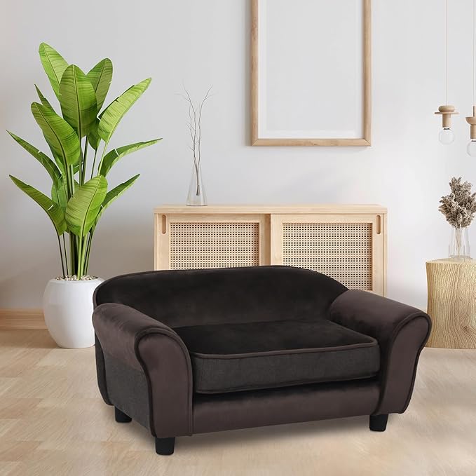 Getifun Small Dog Sofa Bed, Velvet Cat Couch with Washable Cushion & Plastic Legs (29 x 16 x 12.7 inches (Brown)