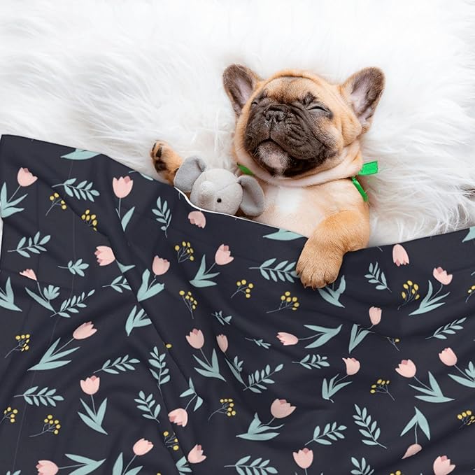 Two Sided Plush Pet Blanket for Crates Carriers Home Use, Shabby Chic Floral Tulips Flower Pink, Reversible Throw with Cozy Dot Fabric and Silky Reverse for Small Large Pets