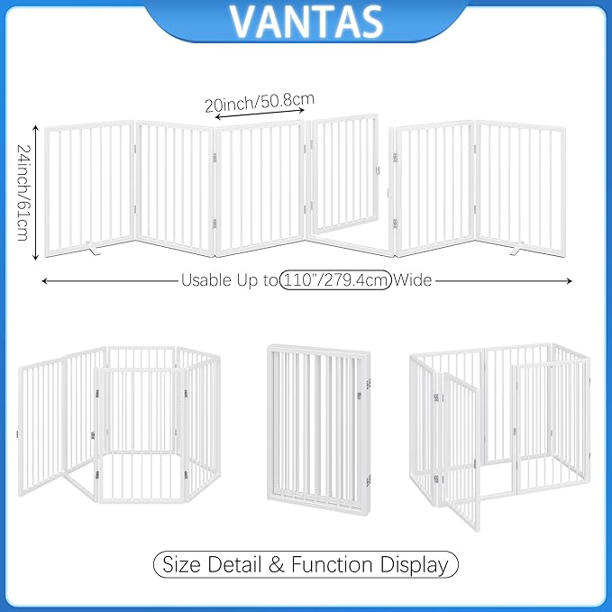 Vantas Folding No-Assembly Metal Pet Gate 120" Wide, 24" Extra Tall Dog Gate with Door Walk Through, Freestanding Accordion Puppy Gate Dog Door for Indoor & Outdoor, with 2PCS Support - White