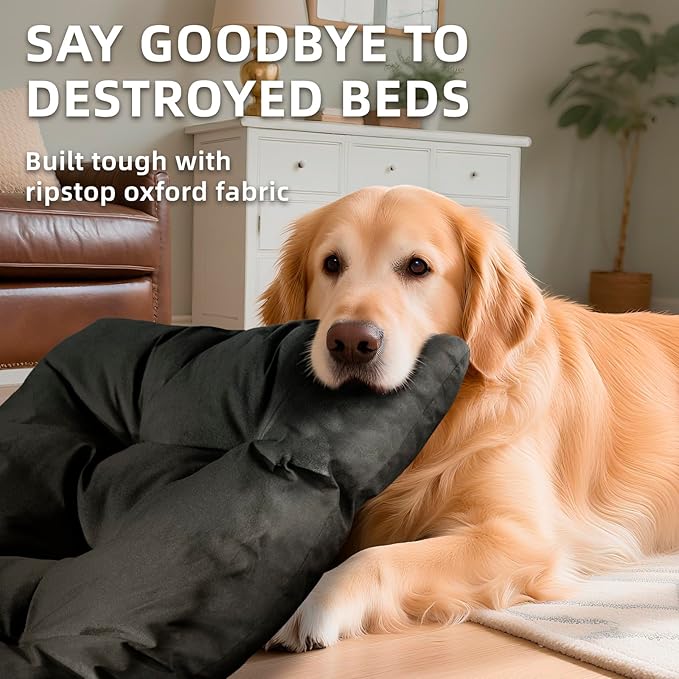 Chew Resistant Dog Bed for Medium Dogs - Durable 35"x22" Kennel Pad with Soft Plush Filling, Machine Washable Crate Mat for Aggressive Chewers, Indoor Outdoor Pet Bed, Black