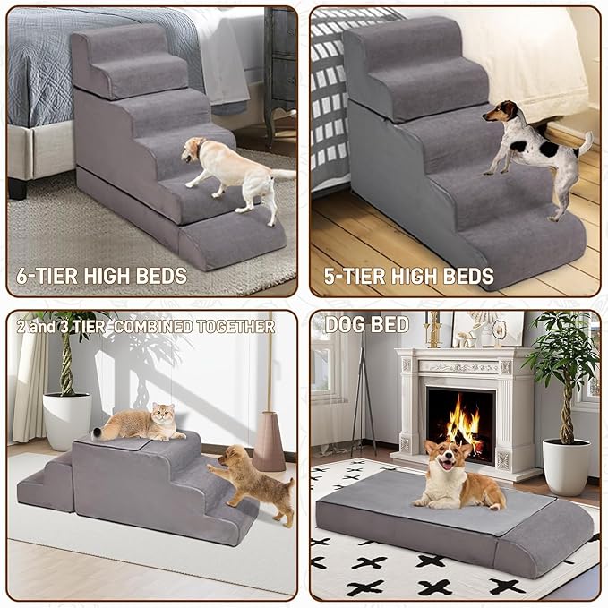 Dog Stairs for High Beds Up to 24-30"，Non-Slip 6 Steps Pet Stairs for Small Medium Dogs & Senior Cat，Washable Cover