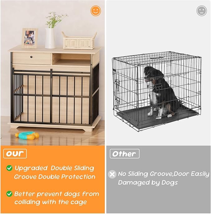 35.5" Dog Crate Furniture, Dog Kennel Indoor with Wheels for Medium Small Dogs, Wooden Dog Crate End Table with Drawer, Open Shelves and Sliding Door, Dog Kennel Furniture for Living Room, Bedroom