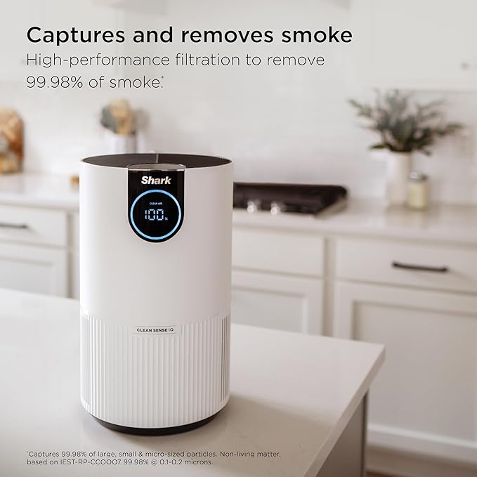 Shark HP132 Clean Sense Air Purifier with Odor Neutralizer Technology, HEPA Filter, 500 sq. ft., Small Room, Bedroom, Office, Captures 99.98% of Particles, Dust, Smoke & Allergens, Portable, White
