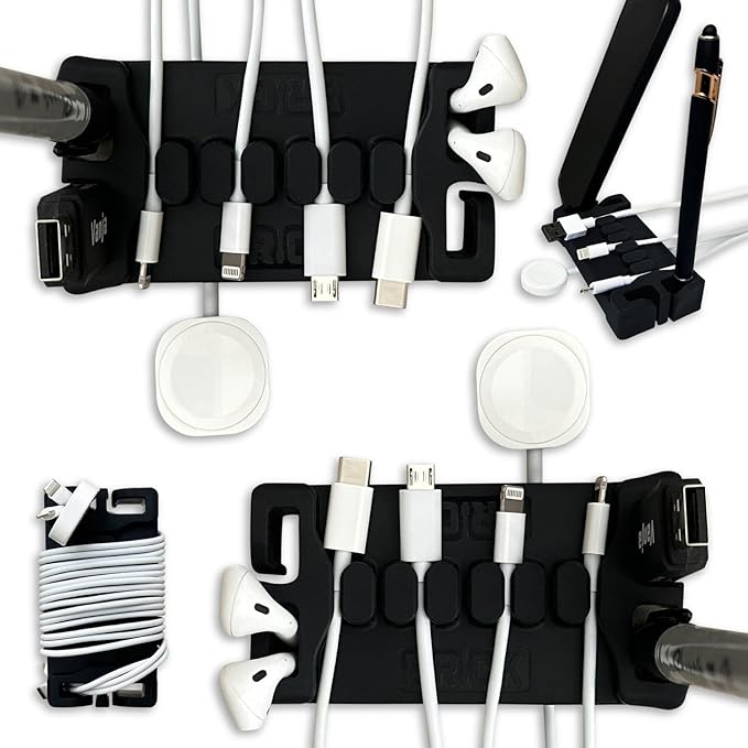 DeskBrick 2PK – Patented Non-Slip Steel-Weighted Desk Organizers & Cable Management Gadgets, Versatile Cord, Phone & Accessory Holders for Office, Home & Desktop – Best Gift for Men. Black