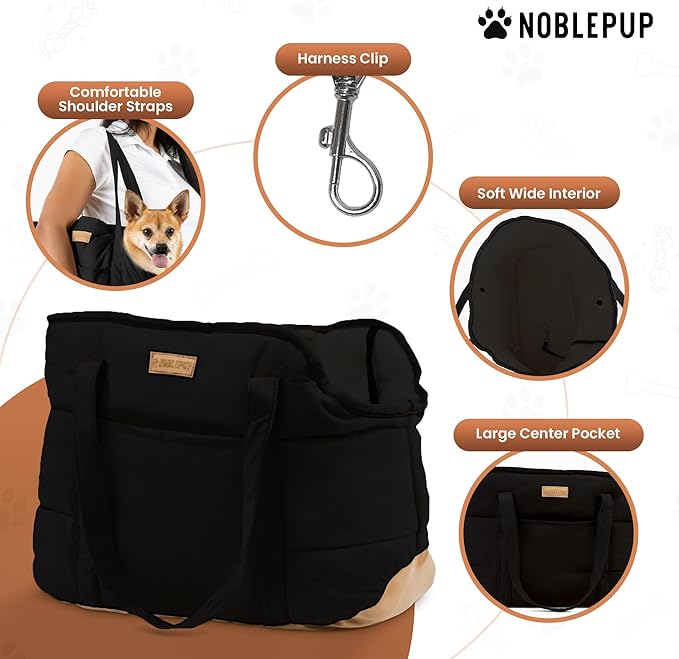 Plush Dog Purse Carrier for Small Dogs, Soft Dog Tote Bag with Safety Harness Clip, Cozy Pet Carrier for Dogs Under 15 lbs, Comfortable Dog Shoulder Carrier for Travel, Black
