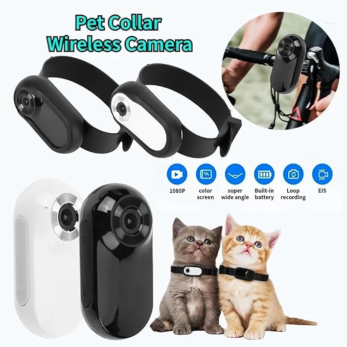1080P Pet Camera Collar with 90° Wide Angle Lens, Mini Dog Cat Collar Camera with IPS Screen - Continuous Recording & Comfortable Silicone Fit for Outdoor Activity (White)