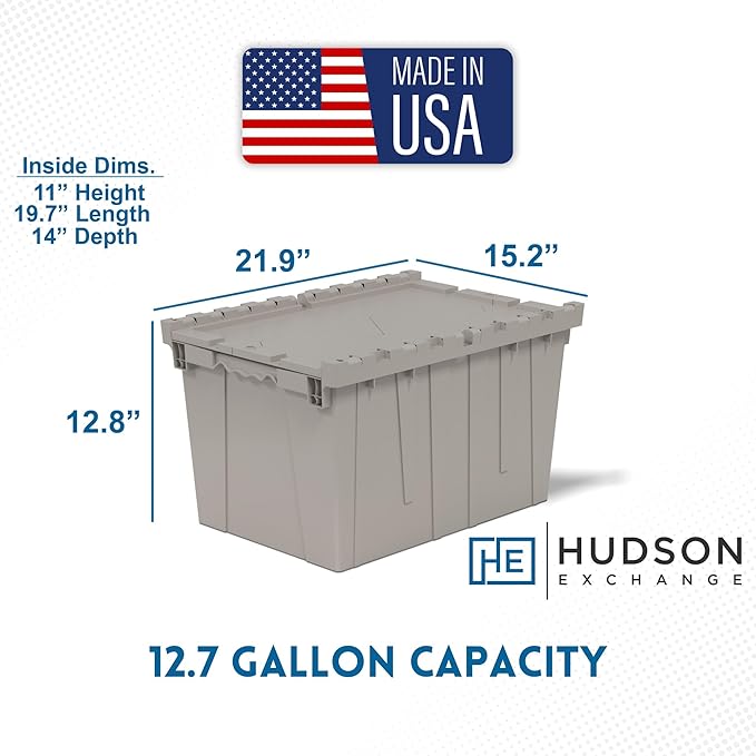 Hudson Exchange 21.9 x 15.2 x 12.8” (3 Pack) Storage Tote Distribution Container with Hinged Attached Lid, Gray/Brown