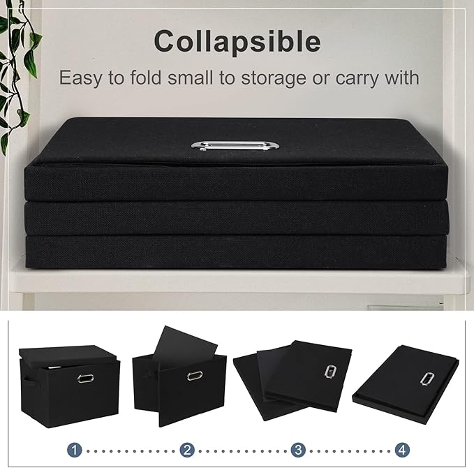 Large 17" 36 Quart Collapsible Stackable Storage Bins with Lids, 3 Packs Black Linen Fabric Closet Boxes with Lids, Storage Cube Baskets Container Organizers for Bedroom Office(17 x12 x11)