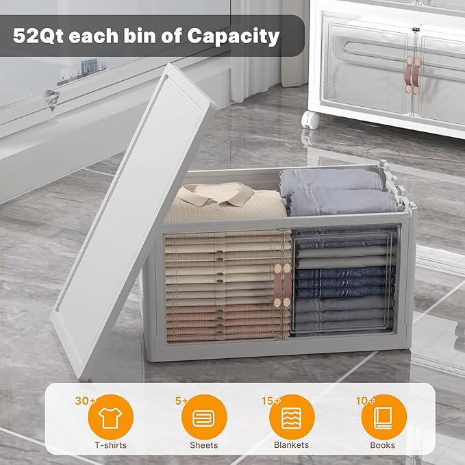 Extra Large Stackable Storage Bins with Lids & Wheels & Door, 156QT-52QT/13GAL*3Pack Foldable Collapsible Closet Organizers, Plastic containers drawers for bedroom Dorm