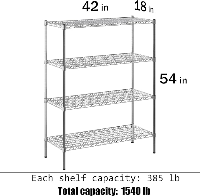 18" Deep x 42" Wide x 54" Height Wire Shelving Kit | 4-Tier | NSF Commercial Storage Rack Unit