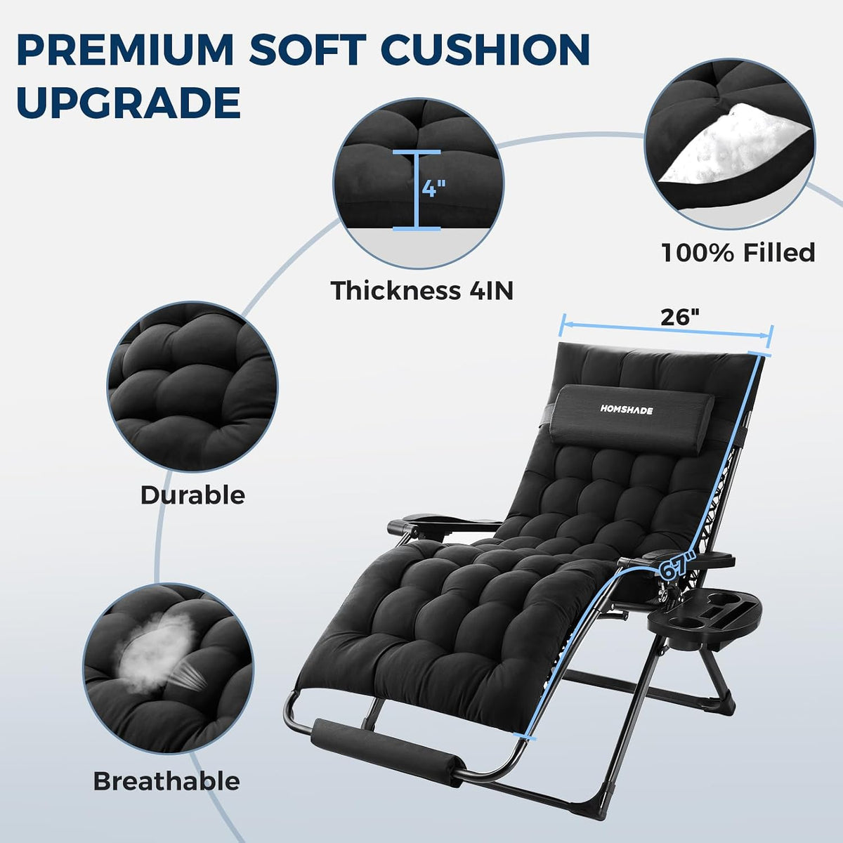HOMSHADE 33 Inch XXL Oversized Zero Gravity Chair, Support 500 LBS, Black