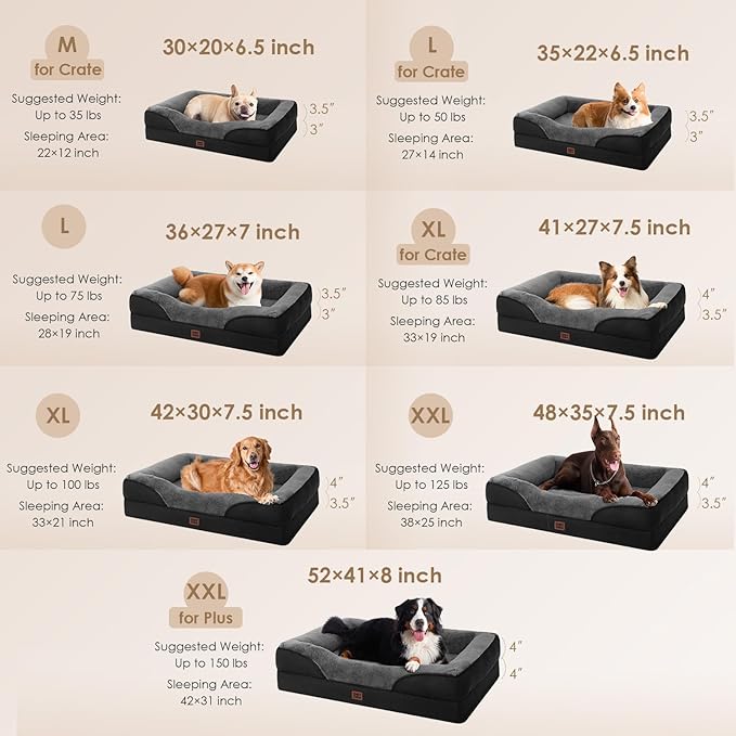 EHEYCIGA Orthopedic Dog Bed for Medium Dog, 30x20x6.5 Inch Memory Foam Dog Couch Bed with Sides, Waterproof Liner & Washable Removable Cover, Bolster Pet Sofa, Grey/Black