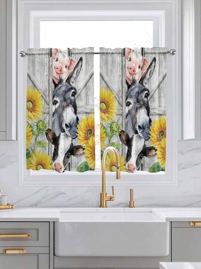 Farmhouse Kitchen Curtains 54 Inches length, Watercolor Sunflowers Animals
