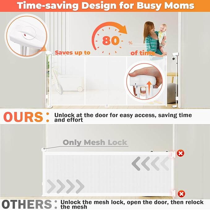 Retractable Baby Gates for Stairs, 55" Wide Retractable Dog Gate Pet Gate, 34" Extra Tall Child Safety Gate Toddler Mesh Gate with Support Rods for Doorways, Hallways, Deck, Porch, Indoor, Outdoor