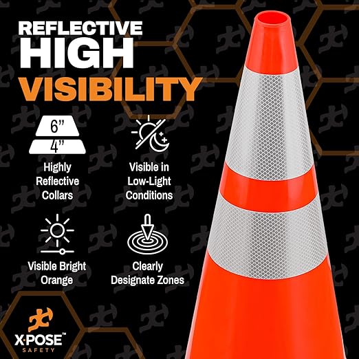 Xpose Safety 28 Inch Orange Traffic Cones with 6" & 4" Collars, 1-Pack - Multipurpose PVC Plastic Safety Cone for Parking, Soccer, Caution, Kids and Construction - DOT Approved