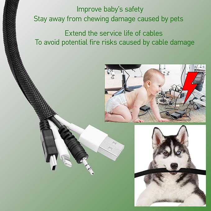 10FT Split Cable Management Sleeve Wire Loom Tubing Cord Protector for High-Temperature Automotive Harness Wires and Home Cable Management,Self-Wrapping Braided Cord Covers (3/4 Inch)