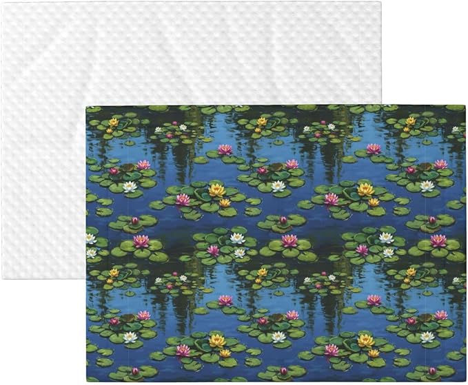 Reversible Plush Throw for Dogs and Cats, Water Lilies Monet Painting, Double Sided Blanket with Nubby Dot Side and Sleek Side Ideal for Cuddling Nesting Security
