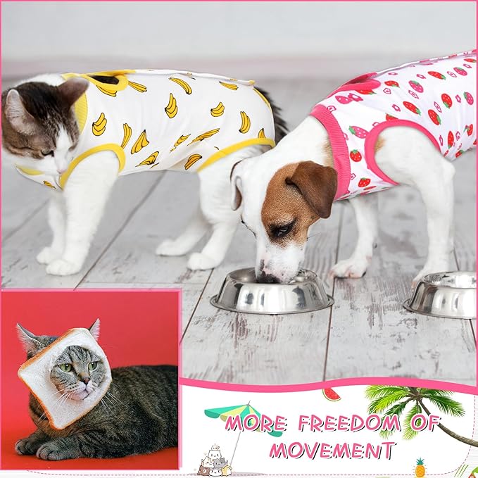 Nuanchu 3 Pieces Cat Recovery Suit Kitten Recovery Suit E-Collar Alternative for Cats and Dogs Abdominal Skin Anti Licking Pajama Clothes Sets(Strawberry Pattern,Small)