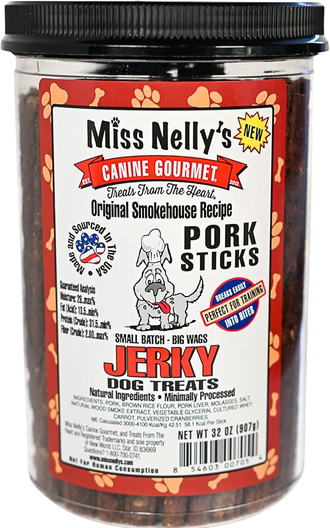 Miss Nelly's- All Natural Pork Jerky Dog Treats Made in USA Only-Original Smoke House Recipe-Minimally Processed Soft Sticks Dog Jerky Treats-32 oz. Jars